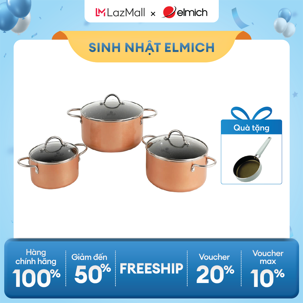 (Duy nhất 20h 04.05-07.05)Bộ nồi nhôm chống dính Elmich EL-4101OL size 16,20,24cm