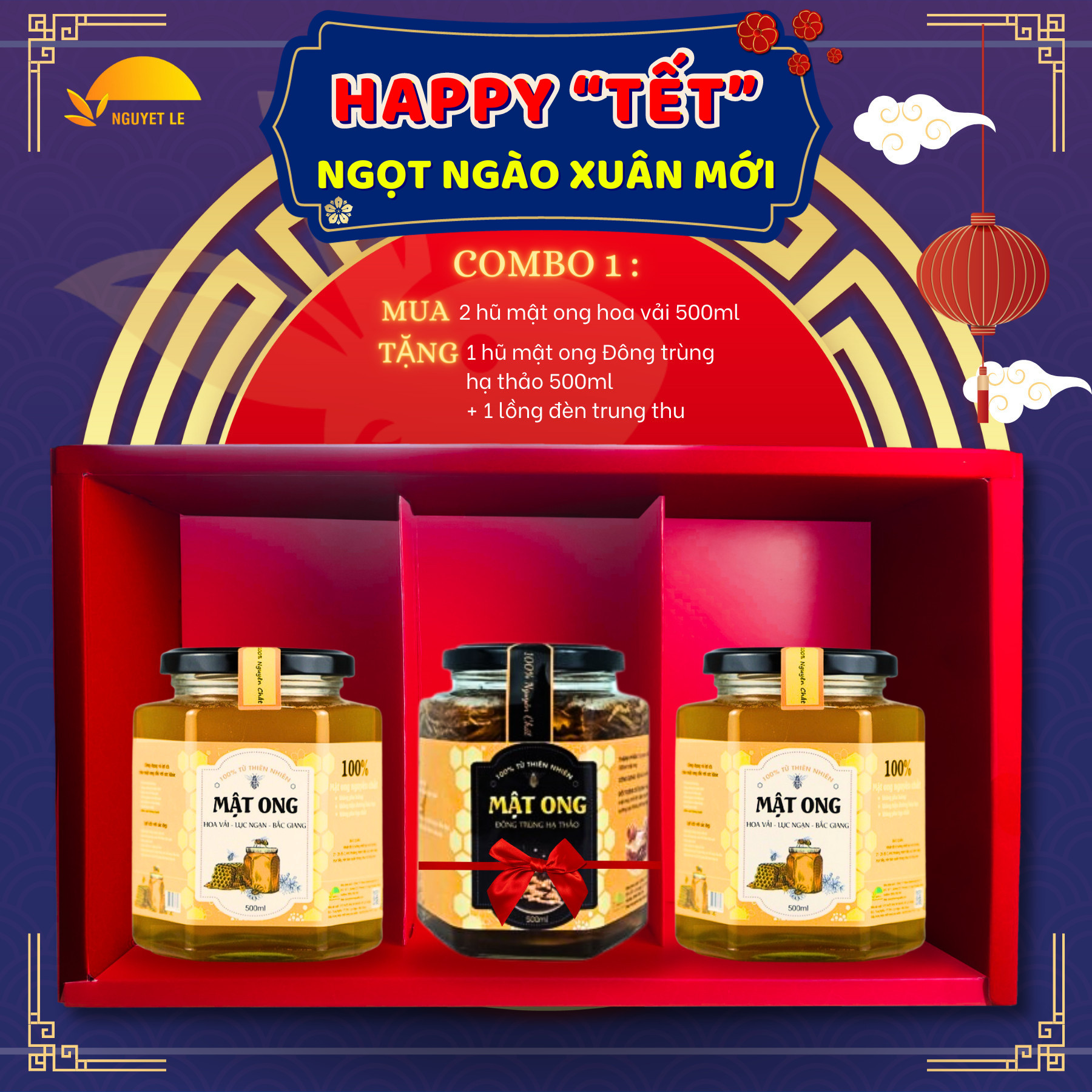 COMBO 1 - Mật ong hoa vải Lục Ngạn Bắc Giang Nguyet Le ( tăng 3 hộp xít họng xuyên tâm liên keo ong xanh)