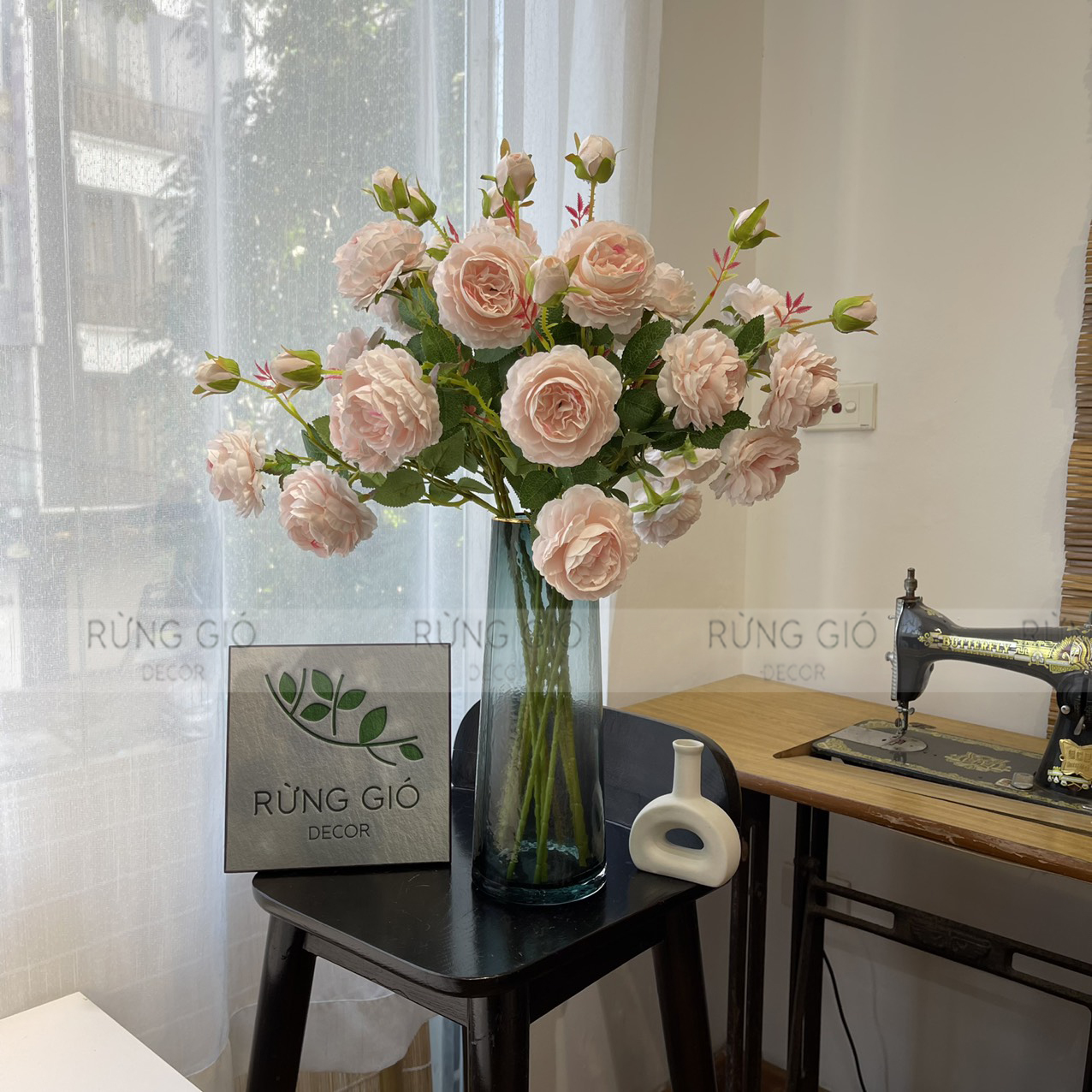 1 cành Hoa mẫu đơn cành lớn 3 bông nụ cao, hoa giả nhân tạo, không kèm lọ