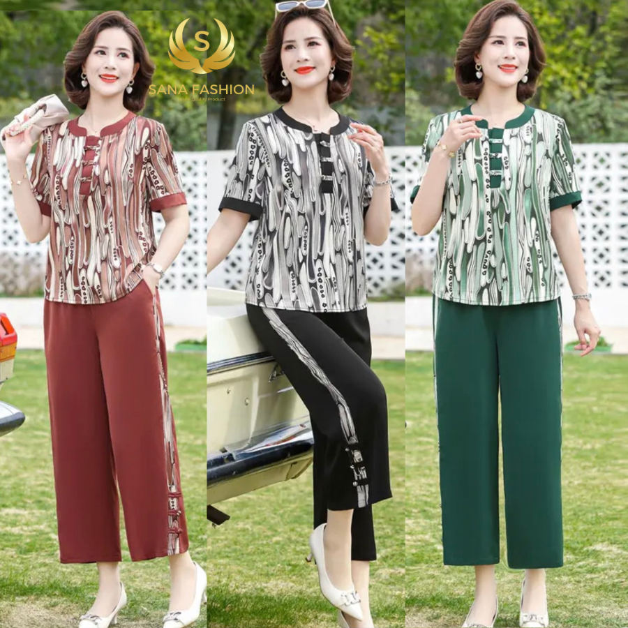 Đồ bộ nữ trung niên cho mẹ, bộ trung niên nữ chất Lụa Pháp, quần dài ống nhỏ cao cấp. VN08