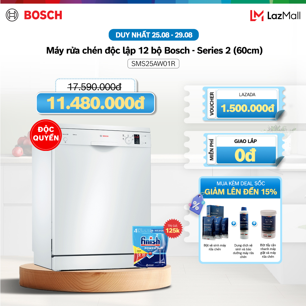 Máy rửa chén bát độc lập 12 bộ bosch sms25aw01r - series 2 - hàng chính hãng
