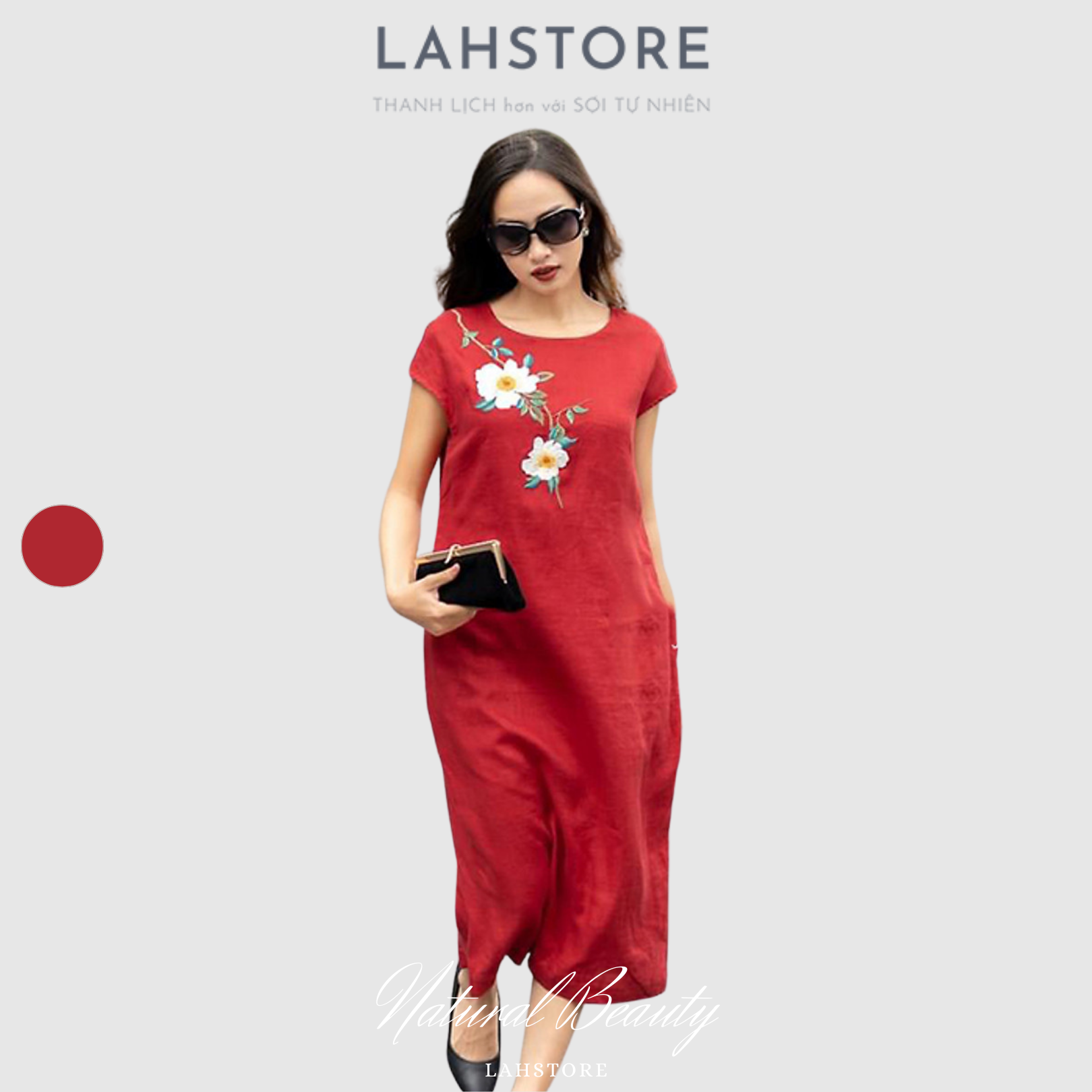 Đầm linen suông nữ LAHSTORE, Đầm trung niên dự tiệc chất linen Hàn thiết kế tay hến thêu hoa DS21