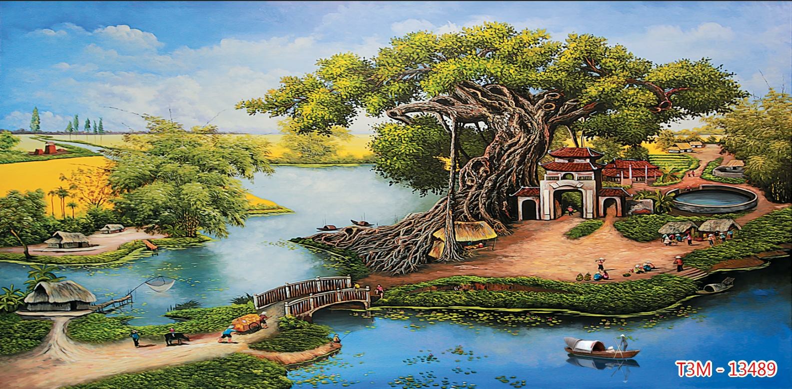 Tranh dán tường đồng quê việt nam trang trí nhà cửa phòng khách phòng ngủ chất liệu decal pp keo sẵn bóc dán PA