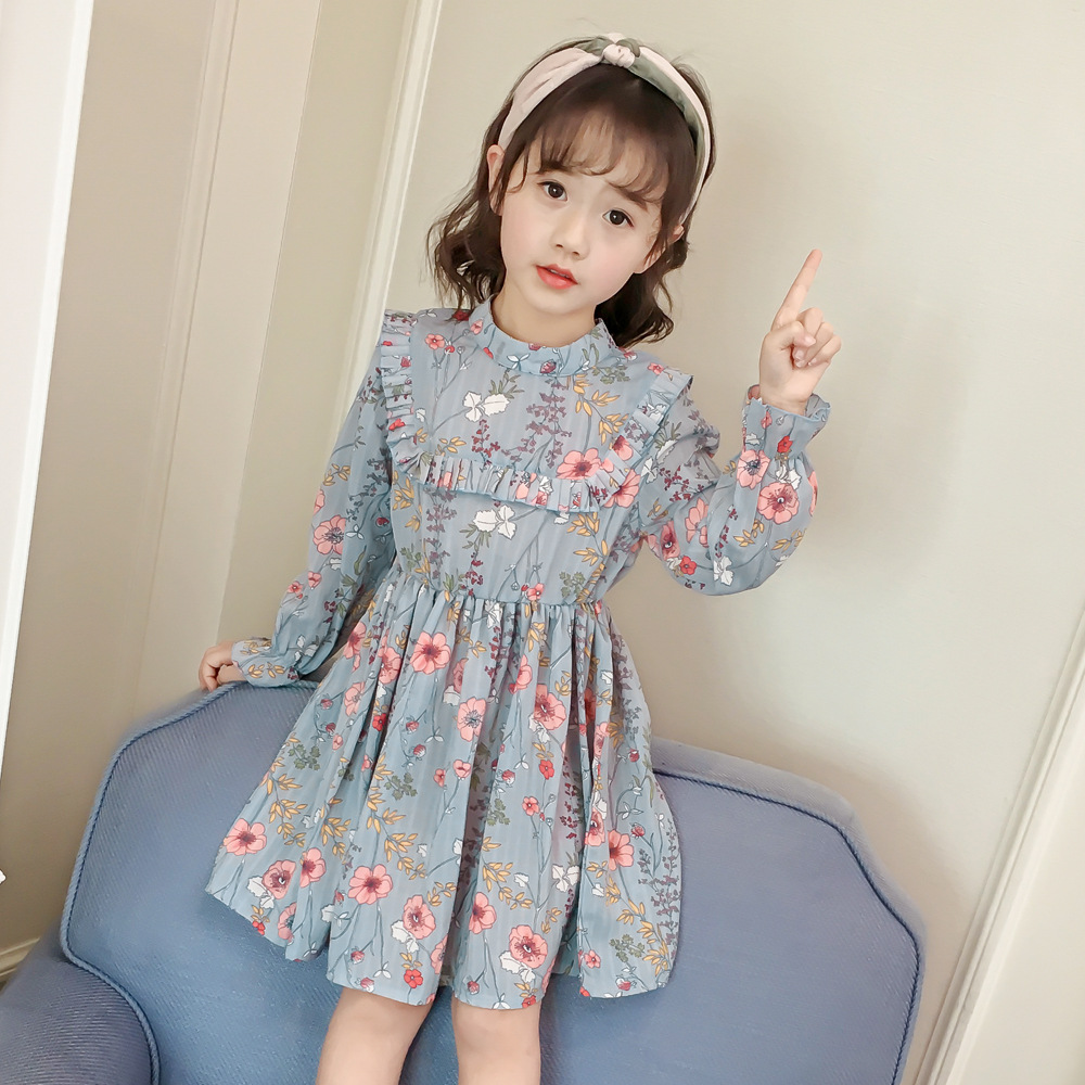 Váy bé gái dài tay, đầm bé gái dài tay hoa nhí xanh