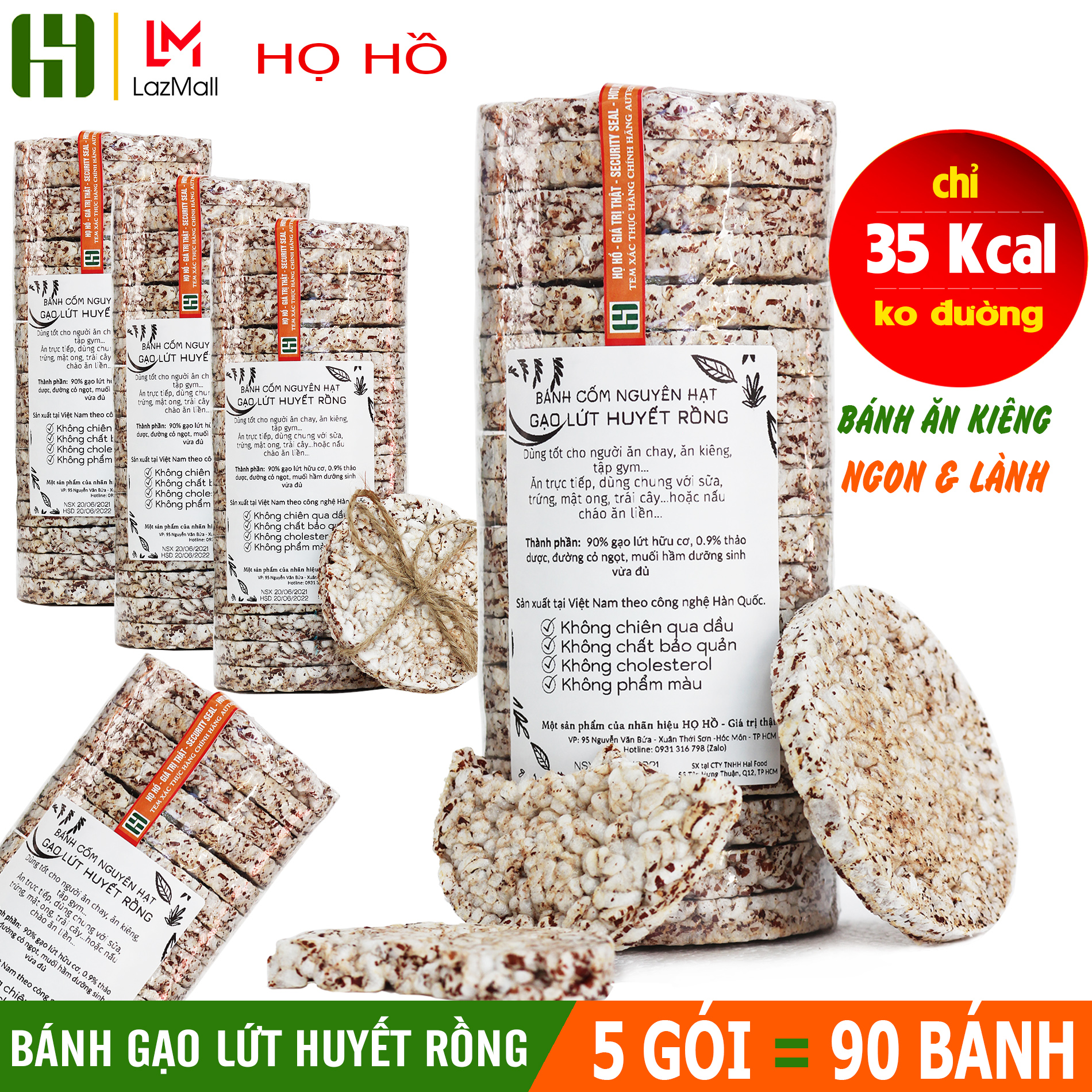[ĂN NHIỀU VẪN ĐẸP] Bộ 5 Gói Bánh ăn kiêng Gạo Lứt Huyết Rồng (90 bánh) - gạo lứt Họ Hồ Ngọt tự nhiên, thơm mùi gạo lứt, Siêu ngon, ăn vặt văn phòng - GẠO LỨT HỌ HỒ