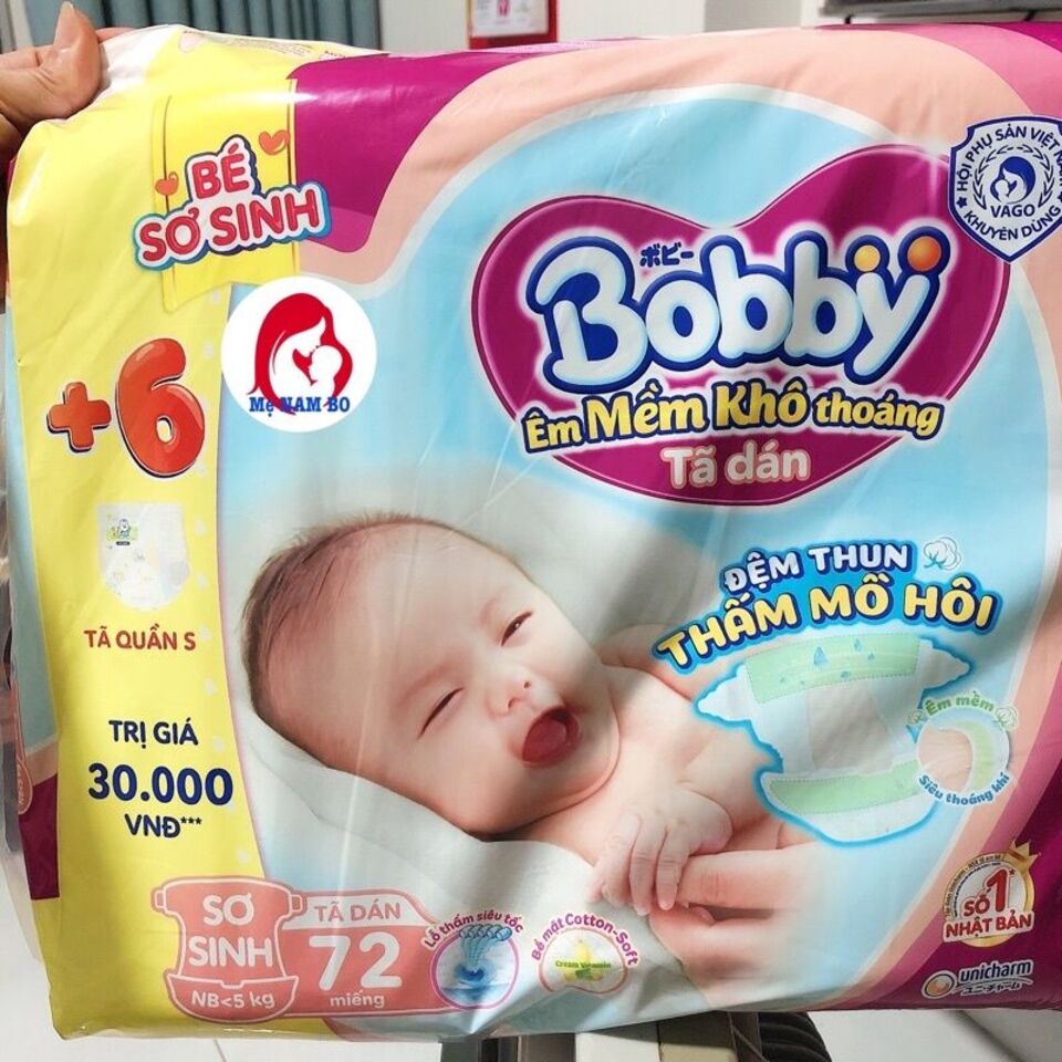 Tã dán sơ sinh Bobby 72 + 6 miếng tã quần size s - Lõi nén thần kỳ 3mm