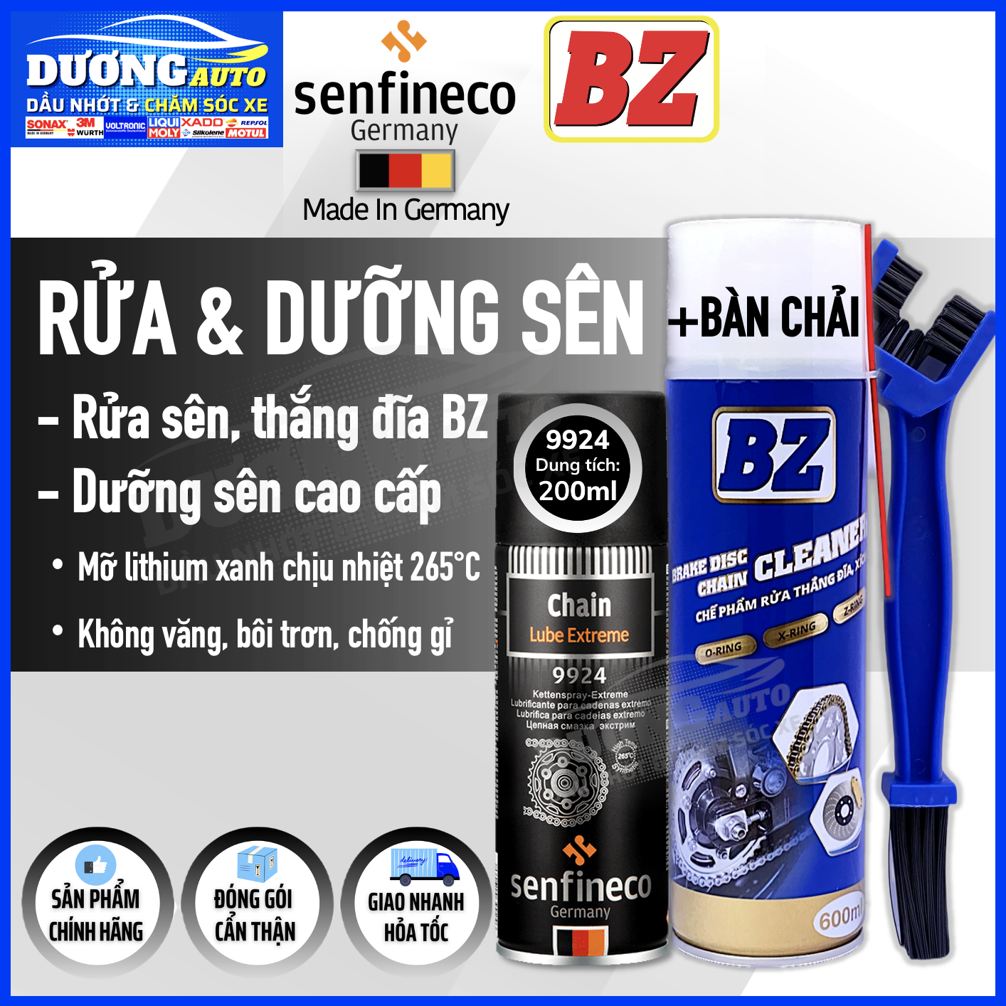 Combo xịt rửa sên bz & dưỡng sên không văng senfineco 9924 chain lub extreme ceramic 200ml - made in germany , chai xịt rửa sên và bố thắng – bz brake chain cleaner 600ml