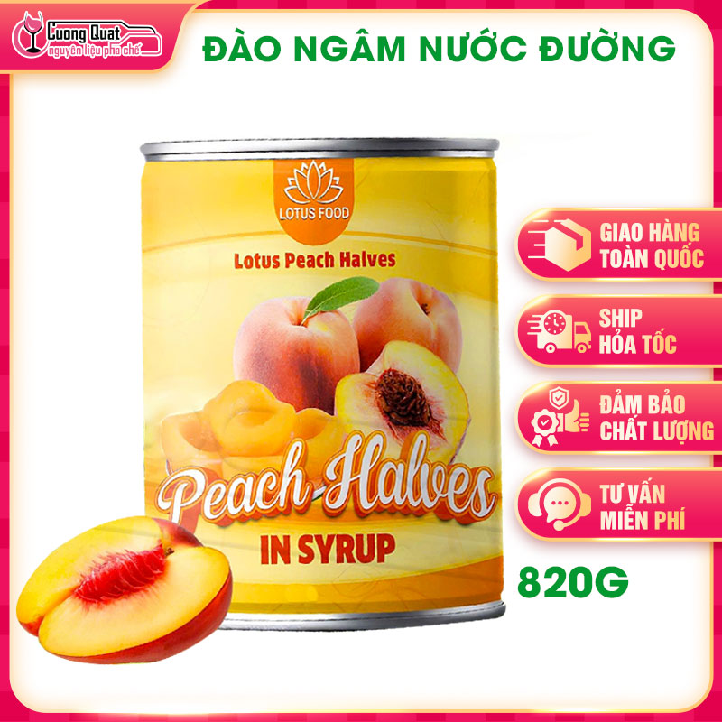 Đào Ngâm nước đường Lotus Food hộp 820g, đóng lon giòn, dễ bảo quản topping cho trà đào, hoa quả