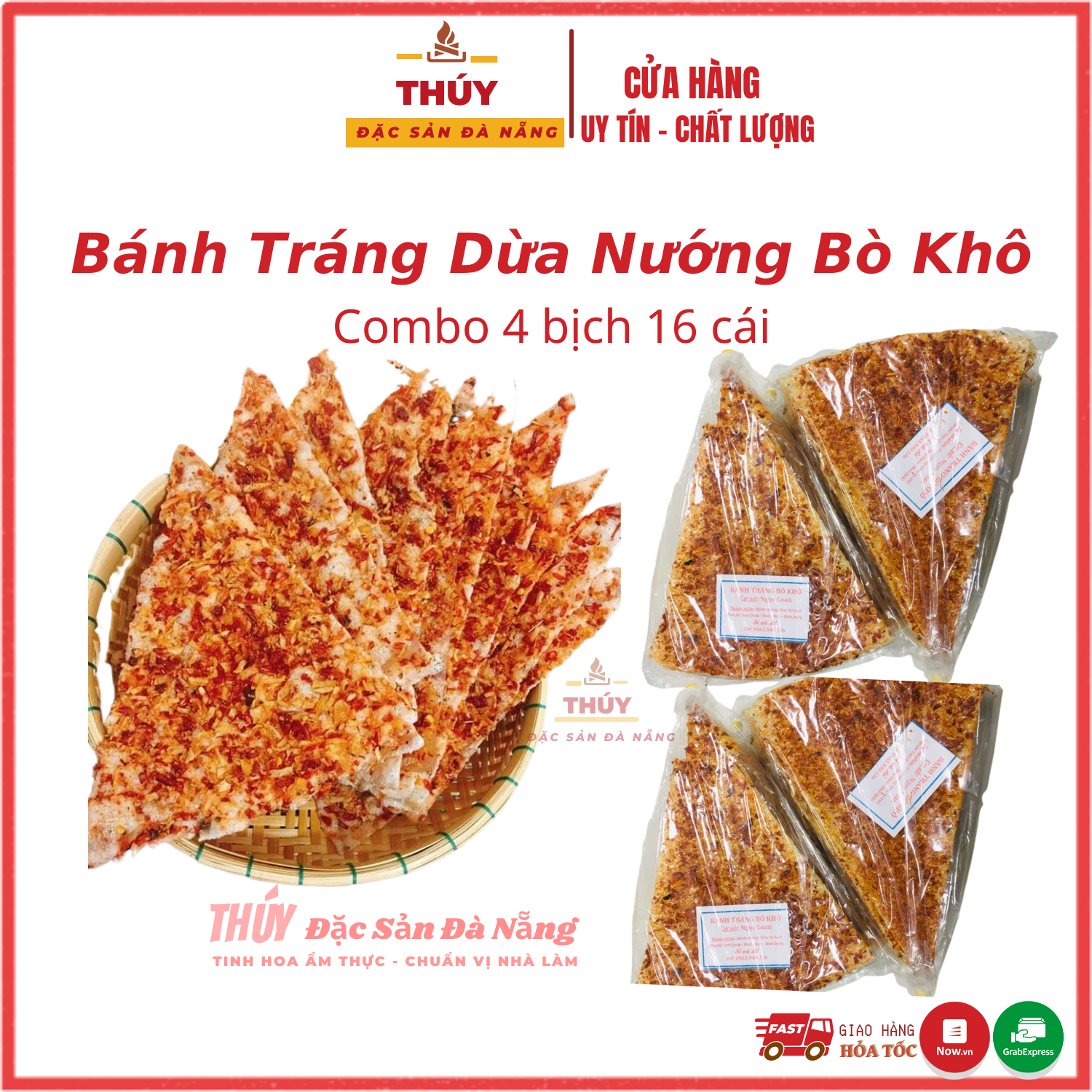 [ 4 Bịch 16 Cái ] Bánh tráng dừa nướng bò khô Đà Nẵng giòn giòn cay cay thơm thơm làm quà biếu , ăn vặt