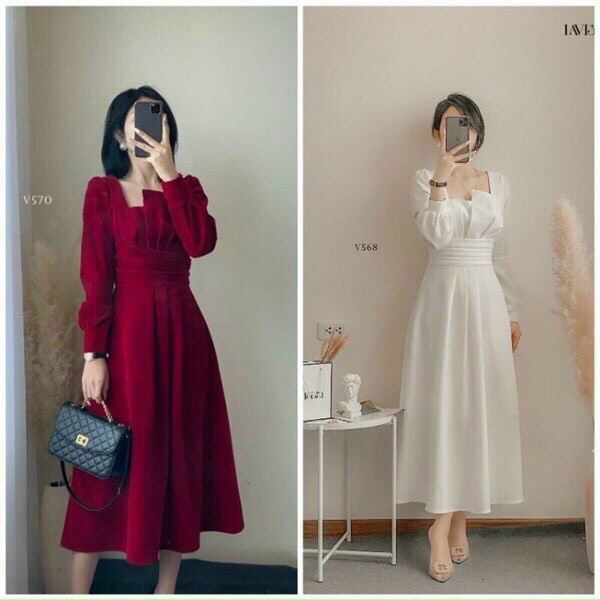 Váy đầm nữ dạ hội tay dài cổ cách điệu xếp ly xinh xắn trẻ trung sang trọng