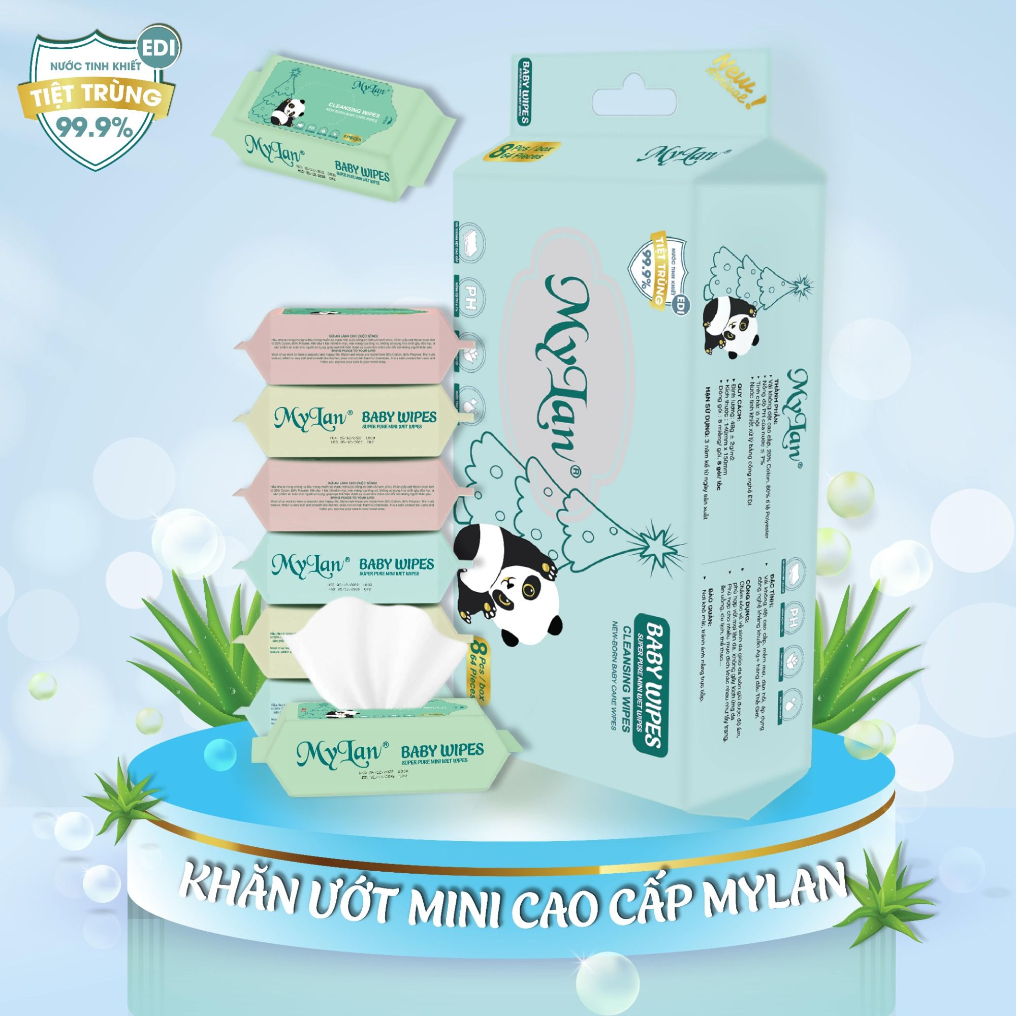Khăn ướt mini cao cấp mylan lốc 8 gói, 8 miếng/gói