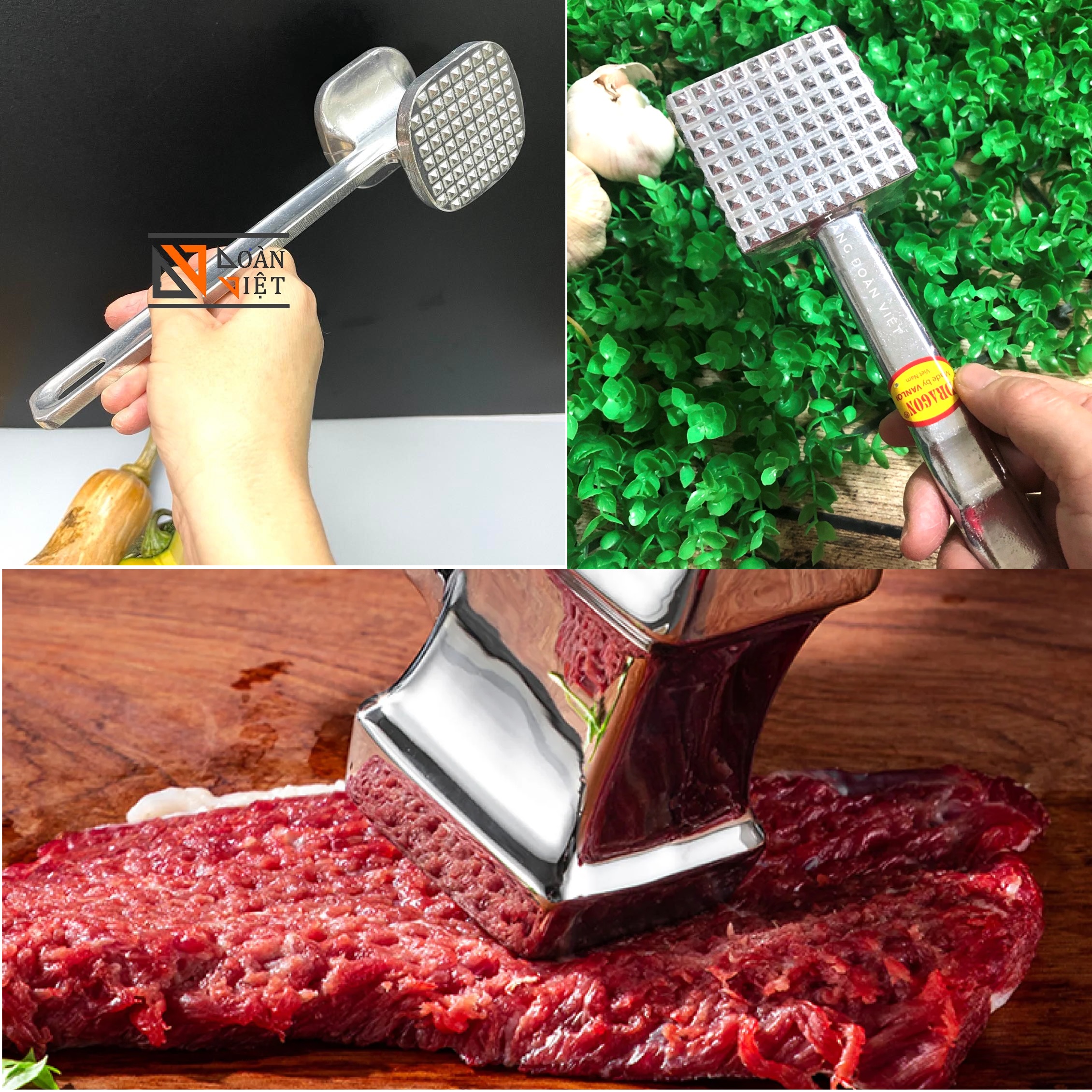 Búa dần thịt bằng inox nguyên khối cao cấp - Búa 2 đầu, 3 đầu cân nặng cấm chắc chắn