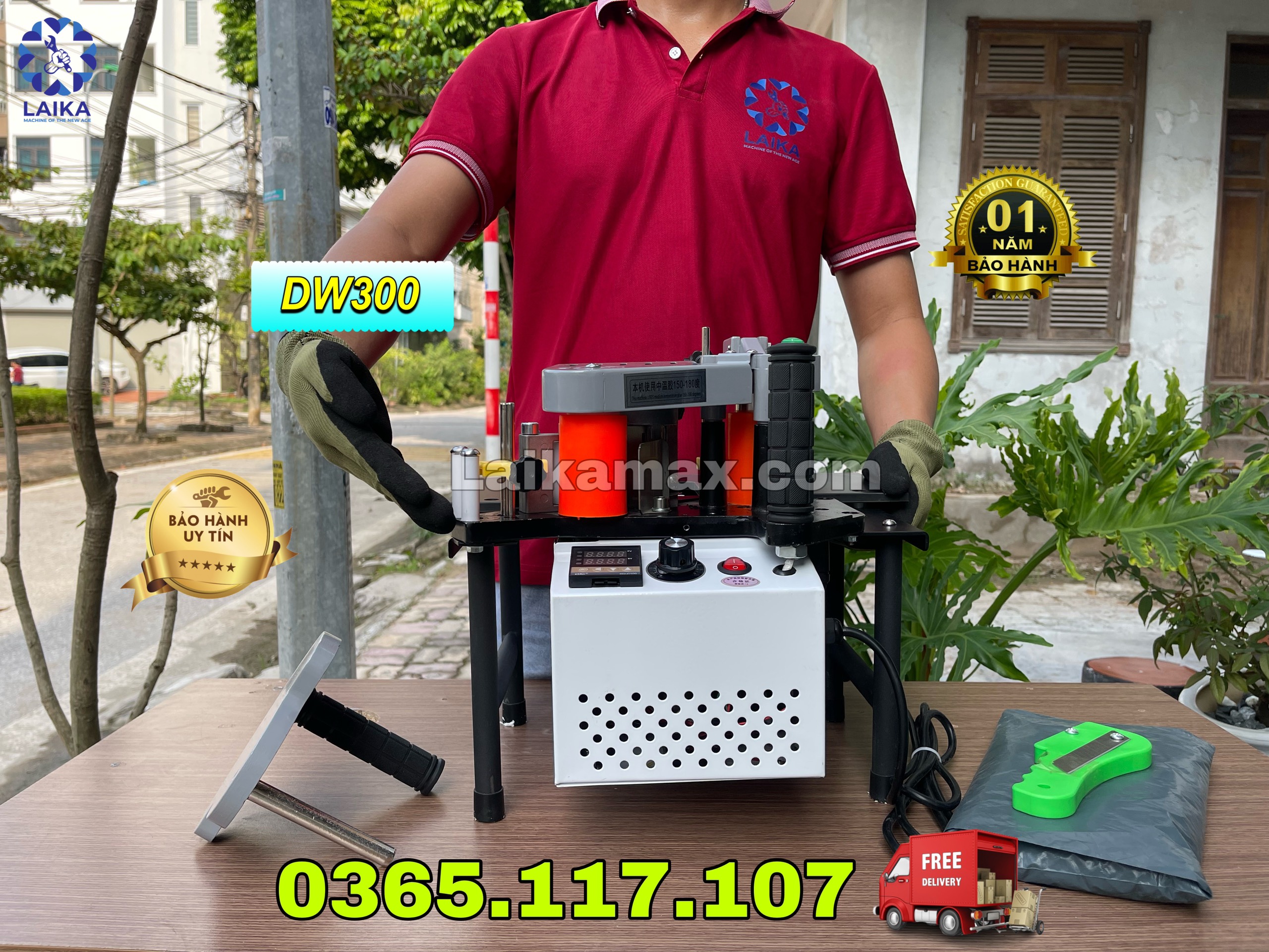 Máy dán cạnh mini cầm tay DW300 dán thẳng, dán cong và dán vát 45 độ tặng keo hạt và dao gọt cạnh