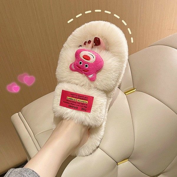 Dép lông quai ngang gấu dâu đế cao 5cm mang êm chân