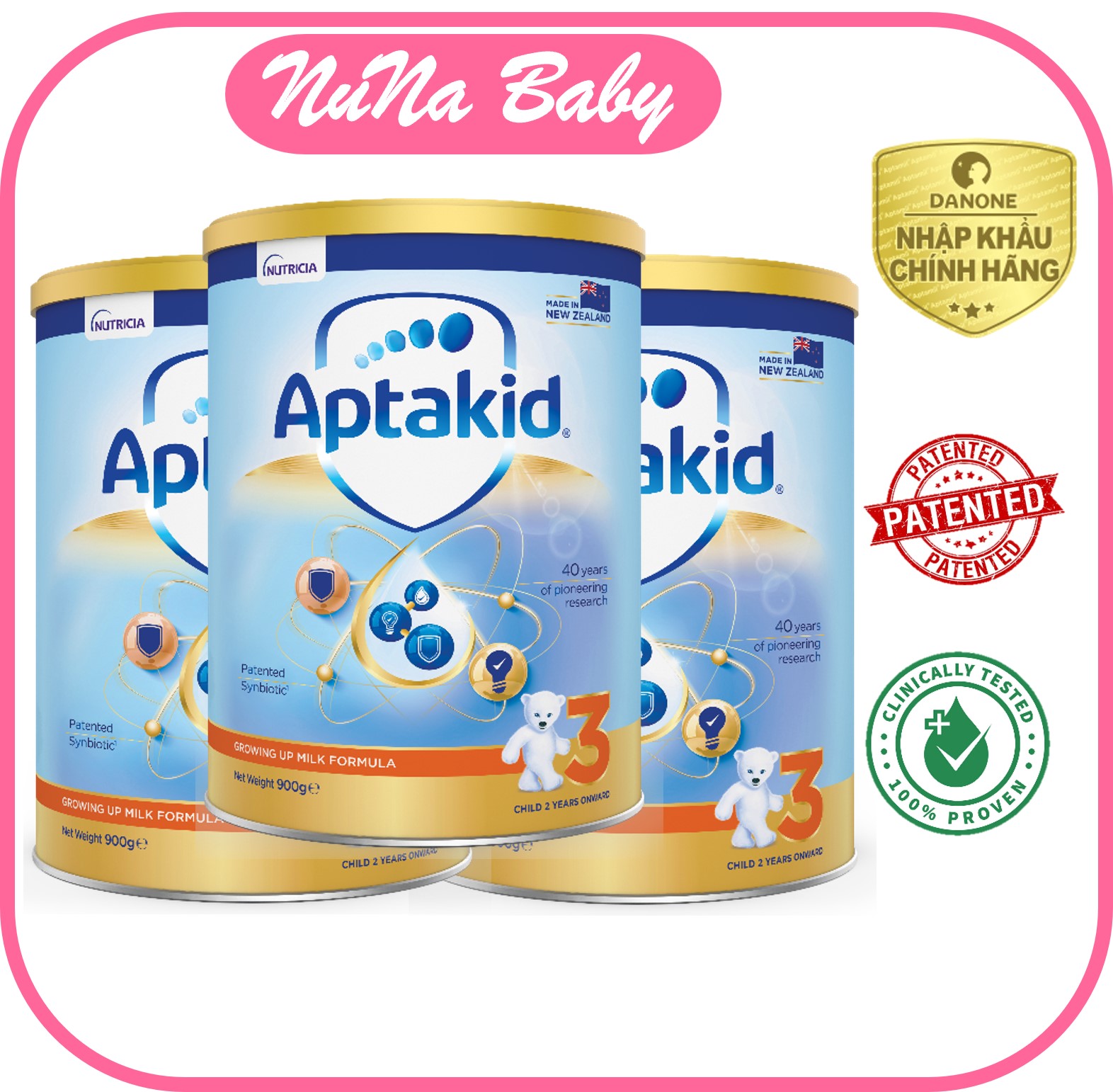 Combo 3 sữa bột Aptakid newzealand số 3 , 900 g lon cho bé từ 24 tháng