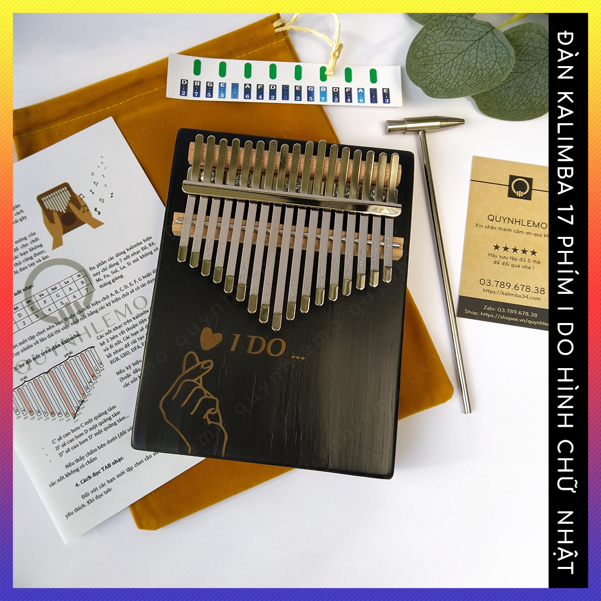 Đàn kalimba 17 phím khắc chữ I DO Đen QUYNHLEMO, Kalimba màu đen cao cấp làm quà tặng sinh nhật đầy đủ phụ kiện
