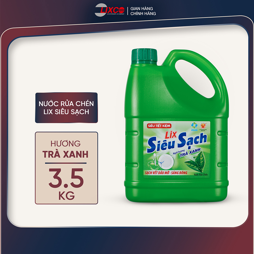 Nước rửa chén Lix siêu sạch hương trà xanh loại chai 3.5Kg N8117 đánh bay vết bẩn dầu mỡ dịu nhẹ da tay - Lixco Việt Nam