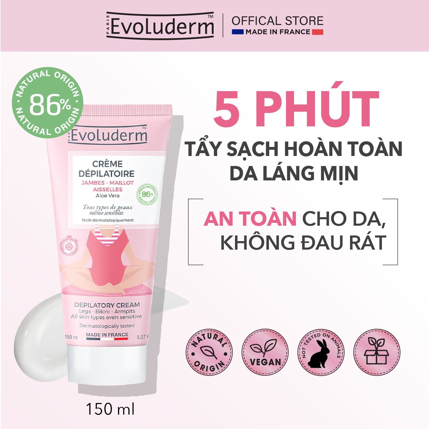 Kem tẩy lông tinh chất Aloe Vera - Nha Đam dùng cho vùng Chân Nách Bikini Evoluderm 150ml