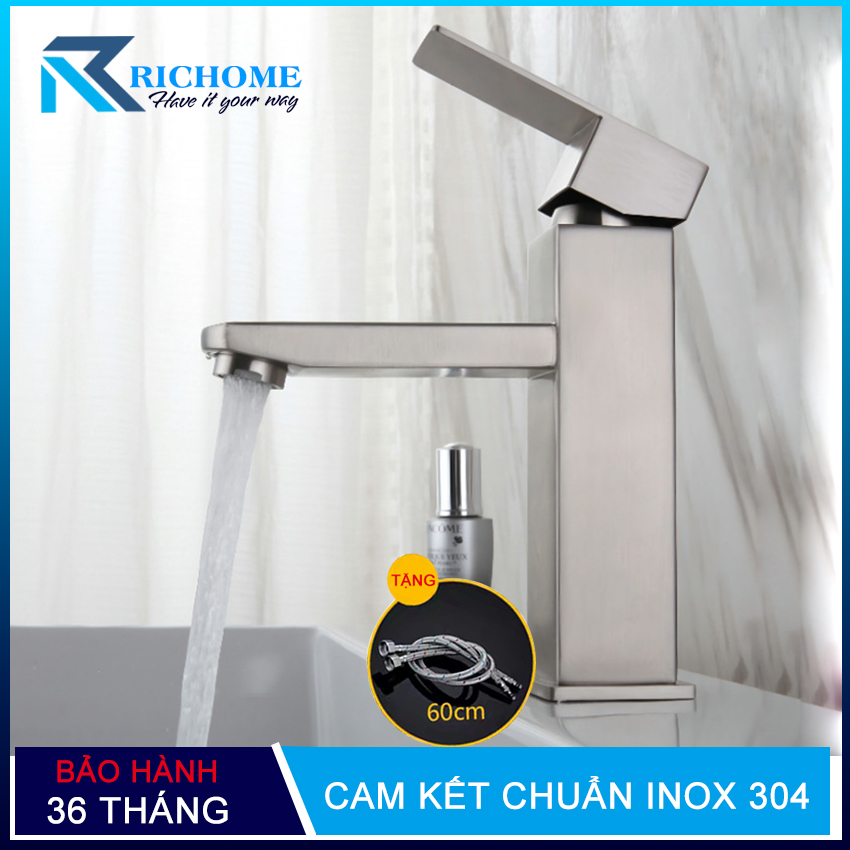 Vòi lavabo nóng lạnh cắm chậu OS308 inox 304 nguyên khối - tặng kèm 02 dây cấp nước nóng lạnh inox dài 60cm- Bảo hành 3 năm toàn quốc