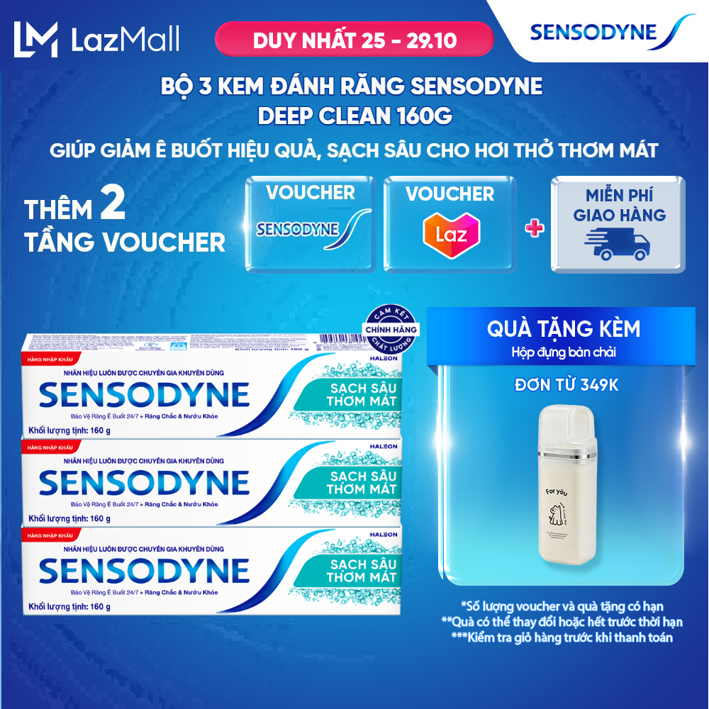 Bộ 3 Kem đánh răng SENSODYNE Deep Clean 160g giúp giảm ê buốt hiệu quả, sạch sâu cho hơi thở thơm mát
