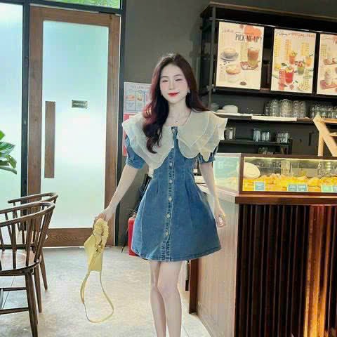 Đầm jean dự tiệc nữ, cánh tiên xếp tầng, kiểu váy ngắn tôn dáng