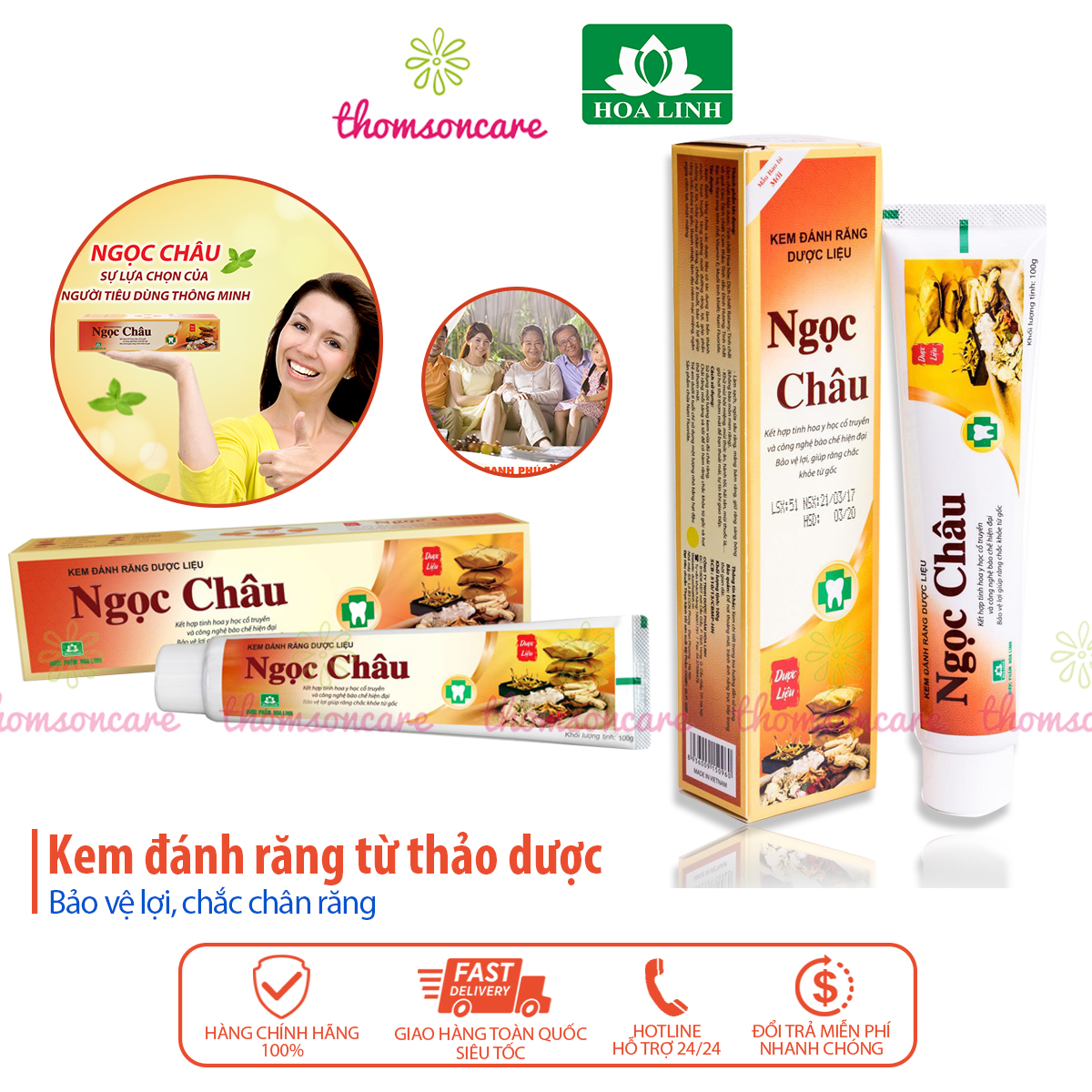 Kem đánh răng dược liệu Ngọc Châu tuýp 125g từ hoa hòe, muối, keo ong, vỏ cau và thảo dược, giảm nhiệt miệng, khử mùi hôi