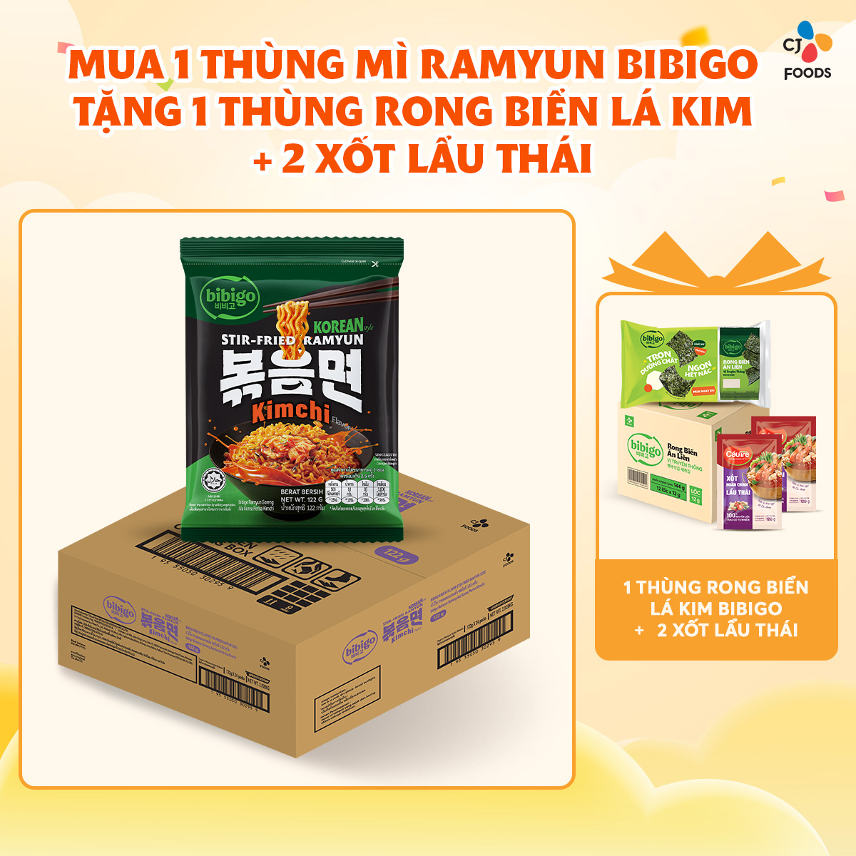 [Tặng 1 thùng RB+2 gói lẩu thái] Thùng 24 gói Mì trộn Hàn Quốc Bibigo vị Gà xông khói/ vị Kimchi (Gói 122g)