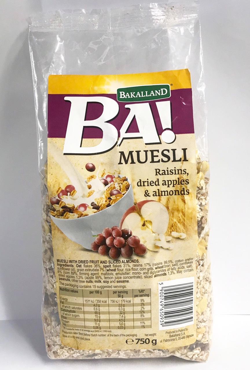 Ngũ cốc giảm cân không đường Bakalland Muesli nho, táo, hạnh nhân 750gr sản xuất Ba Lan
