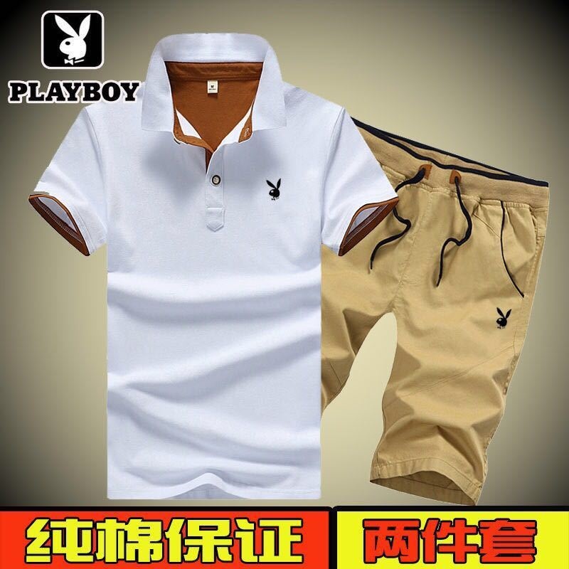 [Playboy VIP] Bộ đồ polo thông thường dành cho nam mùa hè quần đùi áo thun ngắn tay cotton trẻ trung phiên bản Hàn Quốc