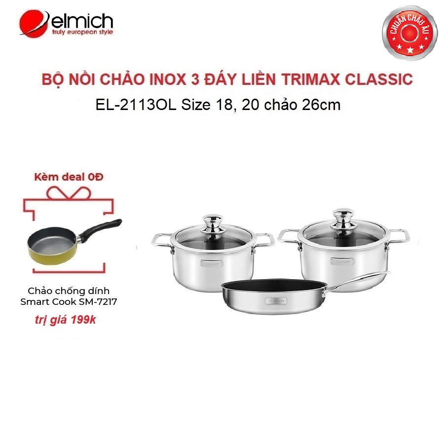 Bộ nồi chảo Inox 304 cao cấp 3 đáy liền nguyên khối Elmich Trimax Classic EL-2113OL Size 18, 20 chảo 26cm