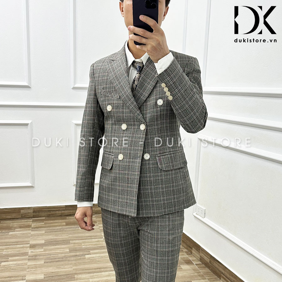 Bộ vest nam 6 nút hàn quốc màu kẻ caro vintage sang trọng dke0070 - duki store