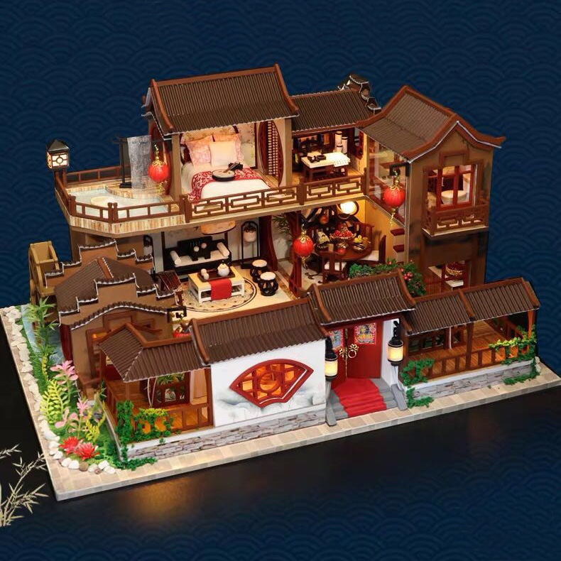 Mô hình nhà DIY Doll House A Splendid Family Kèm Mica Chống bụi, Bộ dụng cụ, Keo dán và Bộ phát nhạc