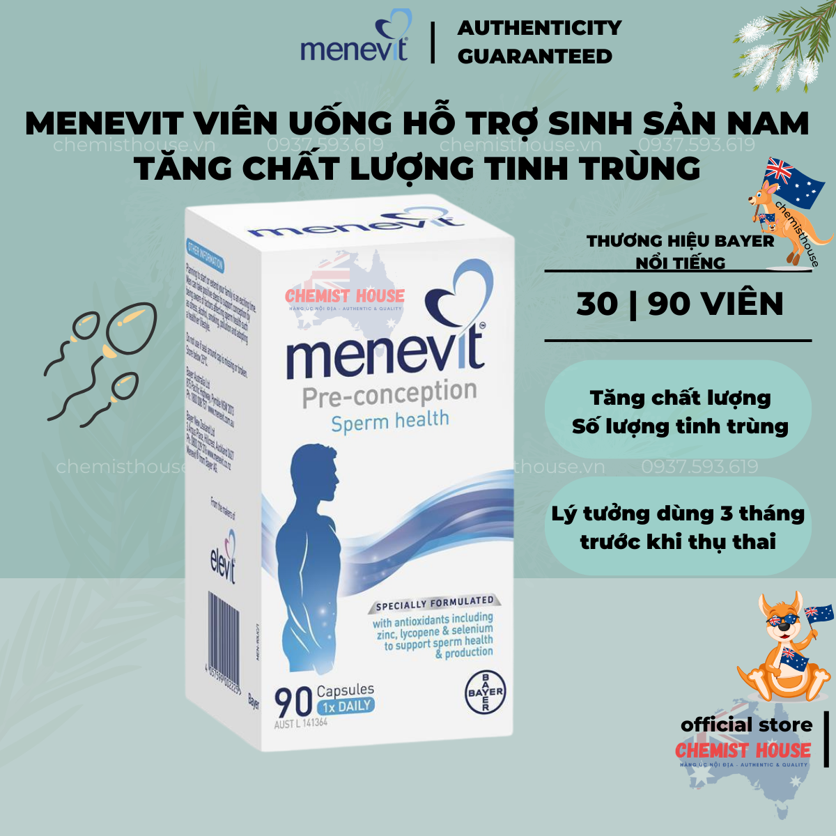 [Hàng Chuẩn ÚC] Menevit -  Hỗ trợ sinh sản nam giới CẢI THIỆN HIẾM MUỘN, TĂNG CHẤT LƯỢNG TINH BINH