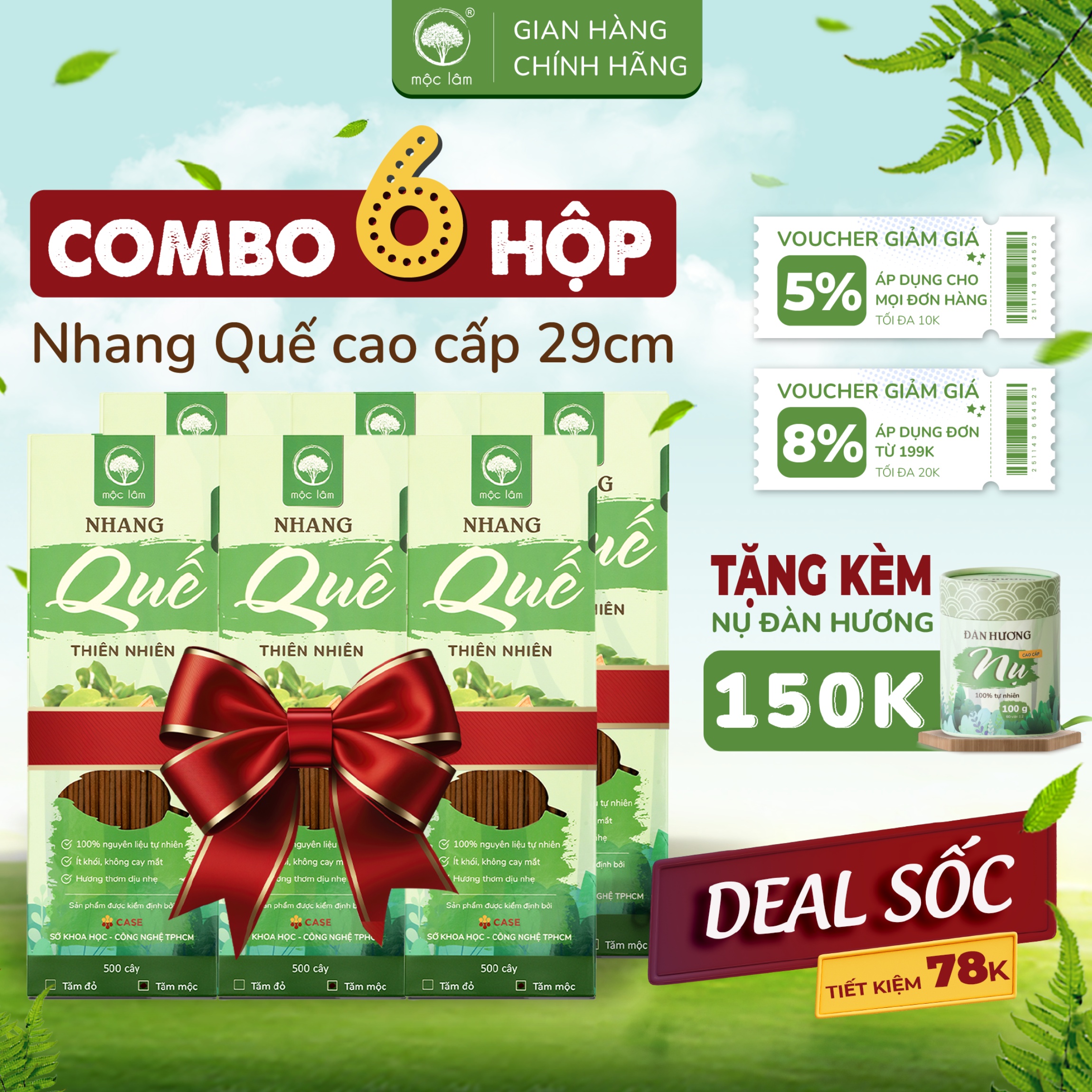[COMBO 6 Hộp] Nhang Quế Thiên Nhiên 3000 cây 29cm - TIẾT KIỆM 78K - Nhang Sạch Mộc Lậm - Ít Khói