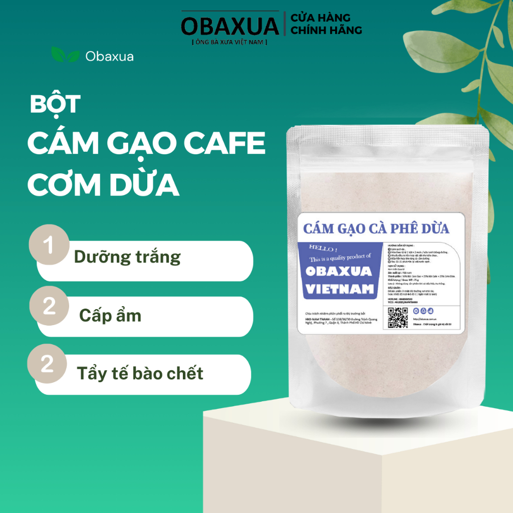 Bột cám gạo cà phê cơm dừa obaxua - dưỡng trắng, tẩy tế bào chết , cấp ẩm .