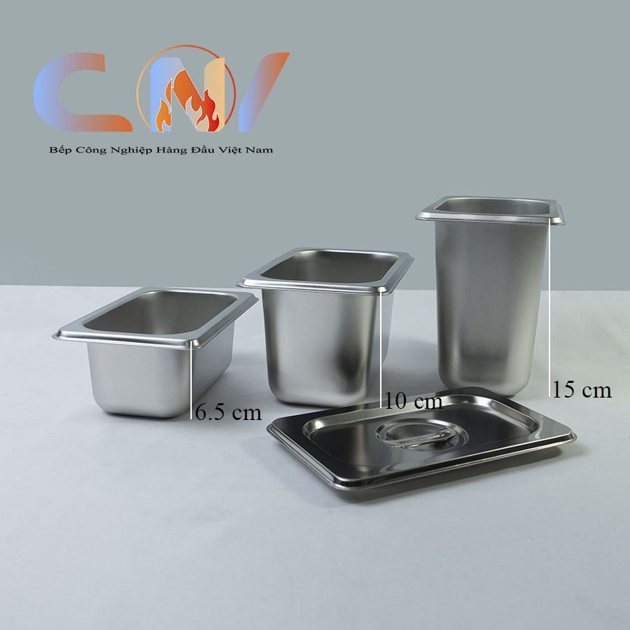 Khay inox 1/9 đựng thạch trà sữa, khay topping sâu cao cấp CNV