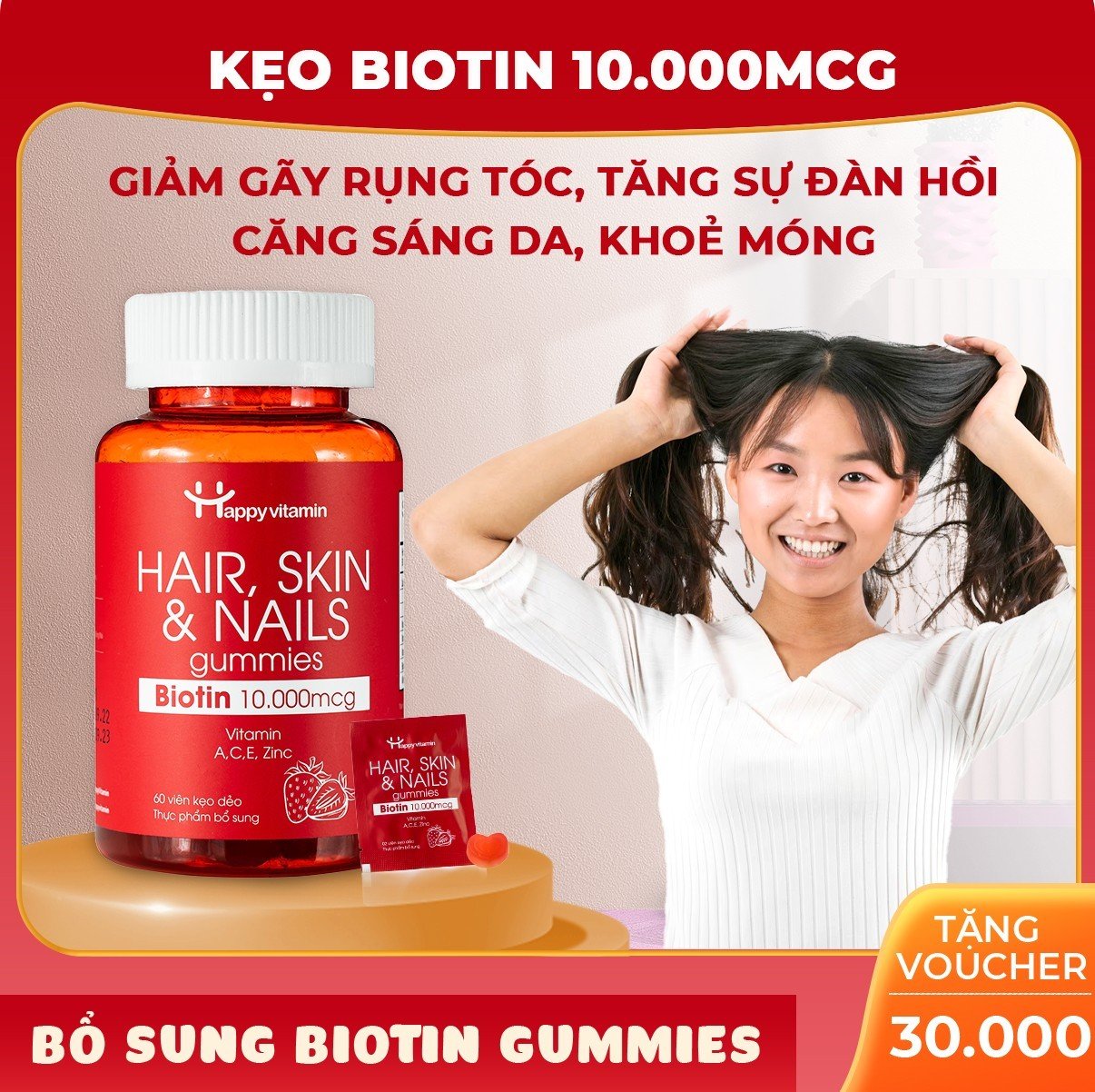 Kẹo dẻo mọc tóc, đẹp da, khỏe móng Happy Vitamin bổ sung Biotin hàng ngày Biotin Gummies
