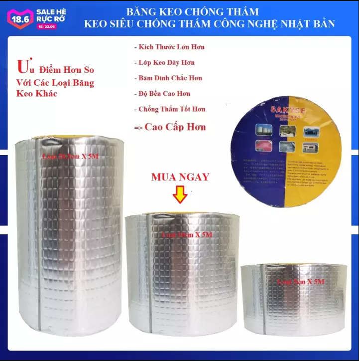 (Miến Phí Vận Chuyển)Băng keo siêu dính chống thấm cao cấp SAKYSE Nhật Bản (loại xịn), keo dính đa năng vá lỗ thủng, chống dột mái tôn, chống thấm tường nứt, chịu nhiệt tốt hơn băng keo X2000, băng keo Loại 5cmx5m
