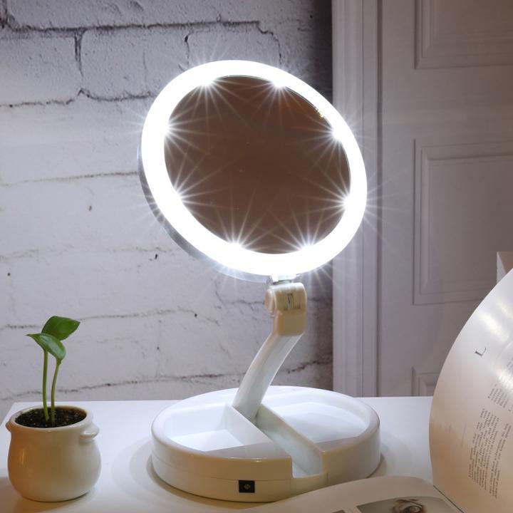 Gương trang điểm để bàn gấp gọn có đèn LED Xoay 270 độ