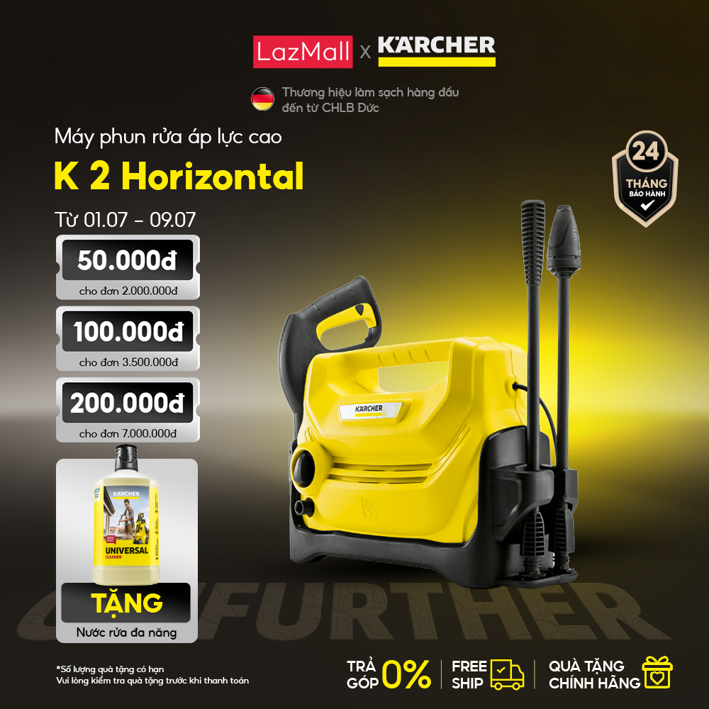 Karcher K 2 Horizontal High-Pressure Car Washer - Power Capacity 1400W - Maximum Pressure 110 Bar - Includes Pressure Water Supply Hose - Used for Cleaning Bicycles, Motorbikes, Gardens under 20m2 - 2-Year Warranty Giá 4,068,000 Đồng*Miễn phí vận chuyển