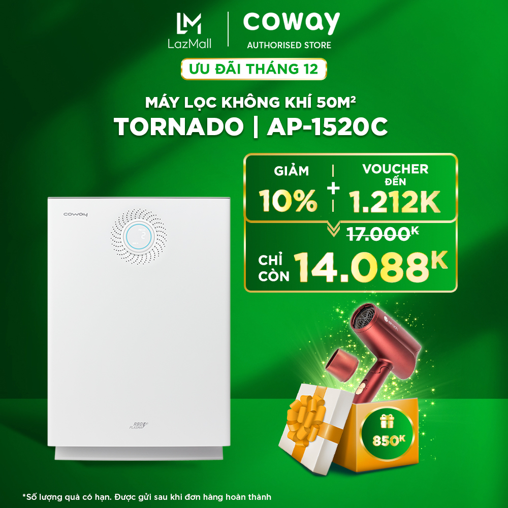 | Voucher đến 1212k | Freeship | Máy lọc không khí Coway Tornado AP-1520C | Lọc bụi mịn không khí, khử mùi khói thuốc, khử khuẩn, tiết kiệm điện, không ồn | Diện Tích 33m2