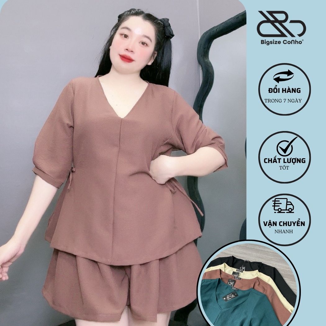  Set đồ thời trang nữ BIGSIZE CÔ NHỎ gồm áo thun tay bồng dáng baby doll có dây nơ kèm quần đùi dáng chữ A-SET59 
