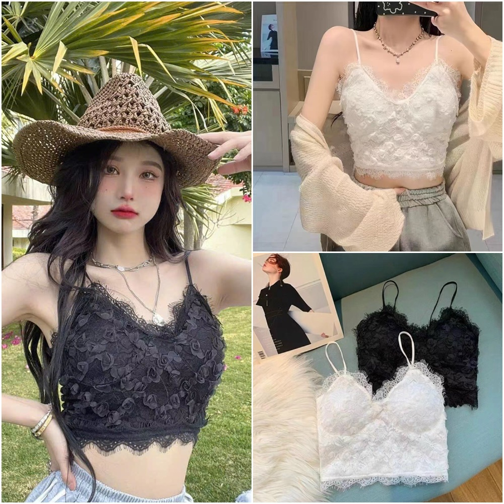 Áo bra croptop ren hai dây in họa tiết hoa hồng 3d sành điệu