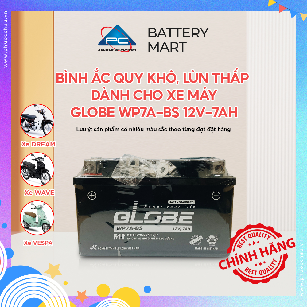 Bình Ắc Quy Khô Globe WP7A-BS 12V-7H Ắc Quy Lùn Thấp Dành Cho Xe Máy Atila, Spacy, Vespa, Zip, Môtô