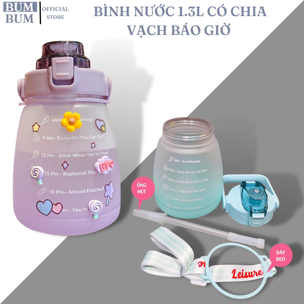Bình đựng nước thể thao 1.3l có vạch báo giờ uống nước , siêu cute , siêu đẹp , chất liệu cao cấp