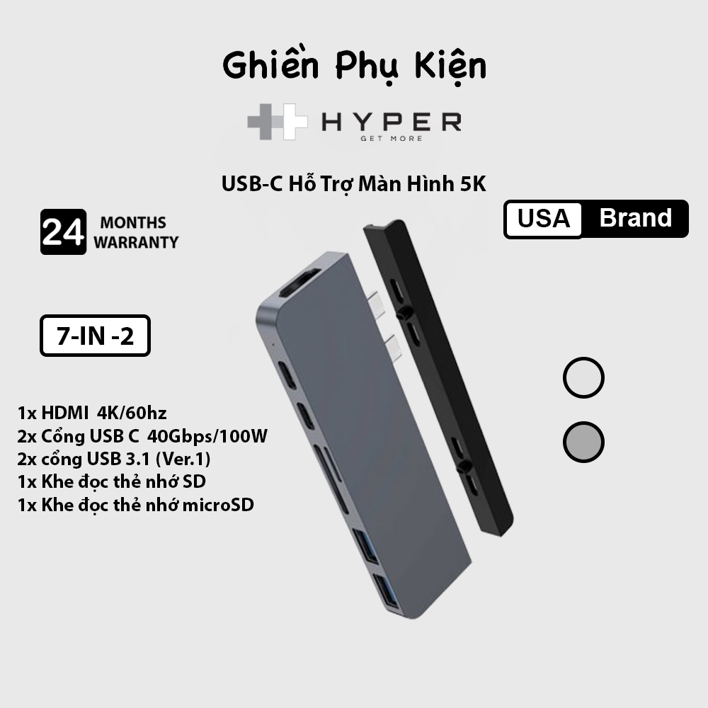 Hub hyperdrive duo 7in2 hdmi 4k60hz cổng chuyển type c dành cho macbook/ipad pro/laptop/smartphone - hd28c