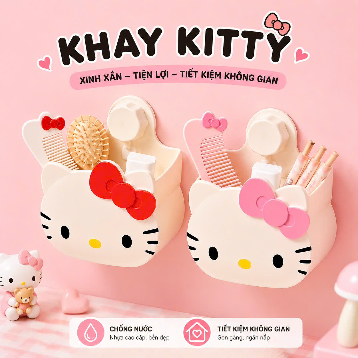 Hộp đựng bàn chải đánh răng Hello Kitty hoạt hình dễ thương - Hộp đựng đồ treo tường không cần đục lỗ trong phòng tắm