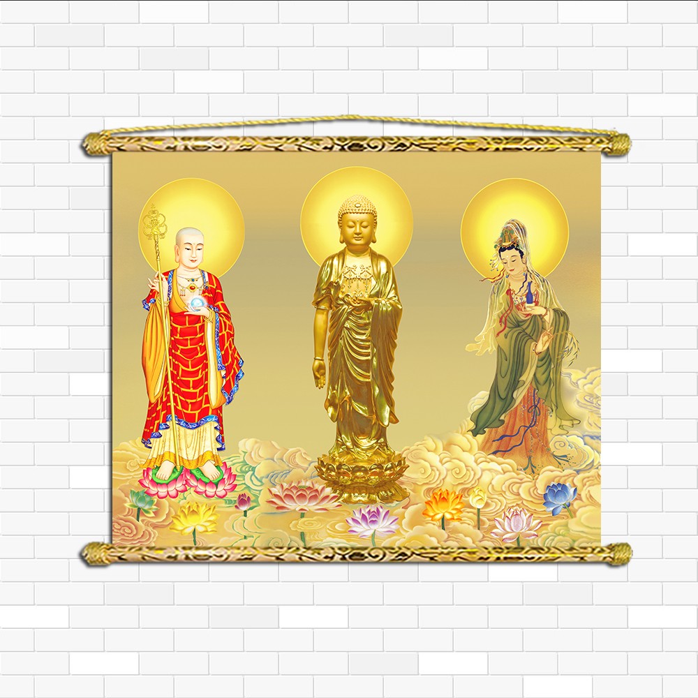[HCM]Tranh Liễn Phật Giáo -  Tranh Tam Thế Phật KT 60x40 cm – Vải canvas cao cấp nẹp sáo gỗ tự nhiên nhiều size nhiều mẫu lựa chọn
