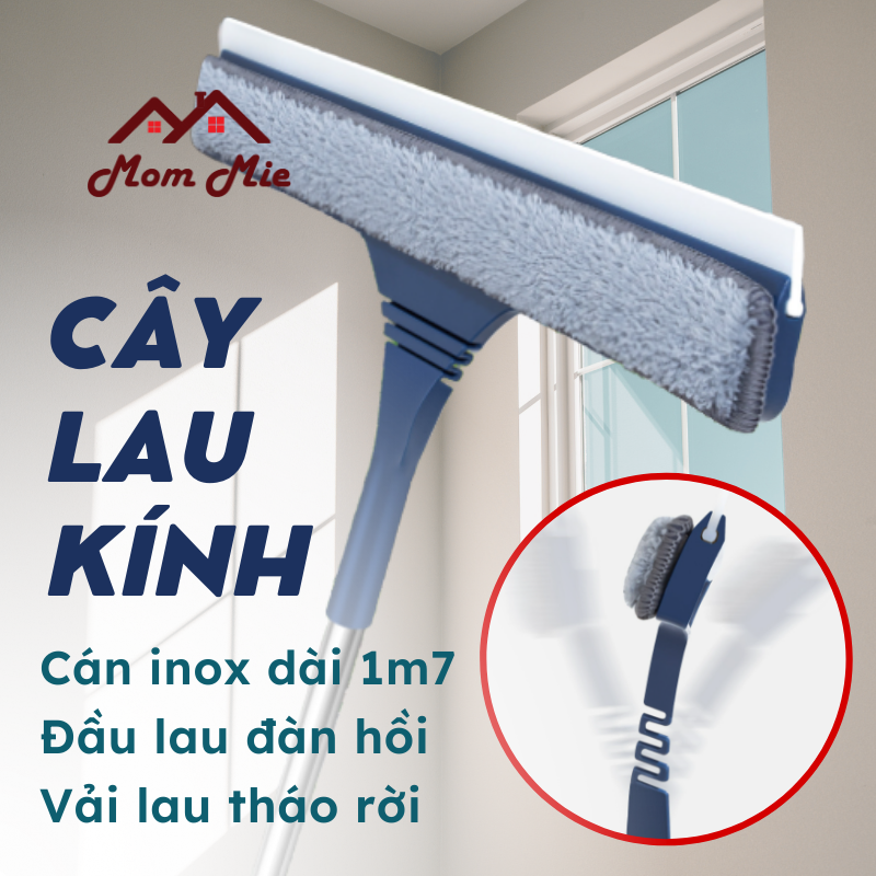 [MỚI-Cải tiến] Cây lau kính đầu lau đàn hồi, cán inox dài bền chắc, cây lau đa năng cán dài - D008