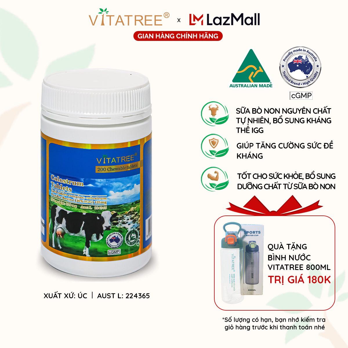 Viên sữa non Úc Vitatree Colostrum 820mg 200 viên - Hàng chính hãng